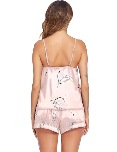 Image of Ekouaer Womens Satin Pajama Sets Sexy Sleepwear Lingerie Silk Cami Shorts Set Summer Nightwear LeavesX-Large