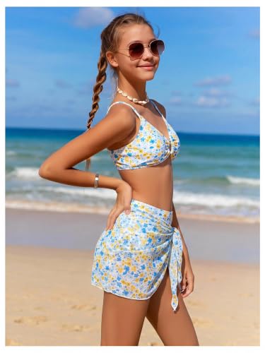 Image of OYOANGLE Girl's 3 Piece Bikini Sets Floral Print Spaghetti Straps Cute Swimsuits with Beach Skirt Bathing Suits