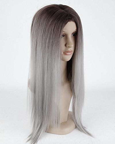Cool2day long Straight Brown Root Ombre Grey Wig Synthetic Hair Wigs for Women Half Hand Tied JF1967
