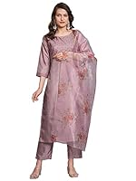 VredeVogel Women's Silk Blend Embroidered Straight Kurta Pant Set with Organza Dupatta (Lavendar_XXX-Large)