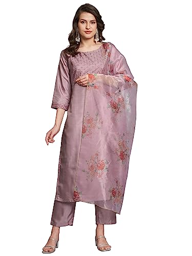 VredeVogel Women's Silk Blend Embroidered Straight Kurta Pant Set...