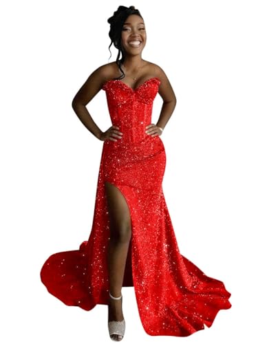 XONHS Red Corset Prom Dresses for Women 2026 Strapless Sequin Mermaid Long Evening Formal Dresses for Teens with Slit Size 6