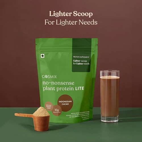 Image of Cosmix No-Nonsense Plant Protein LITE For Beginners | 16g Protein /Serve, 450g Pouch | Indonesian Cacao (Chocolate) | Plant Based Protein, Pea & Rice Isolate | Clean, Easy to Digest | All Essential Amino Acids