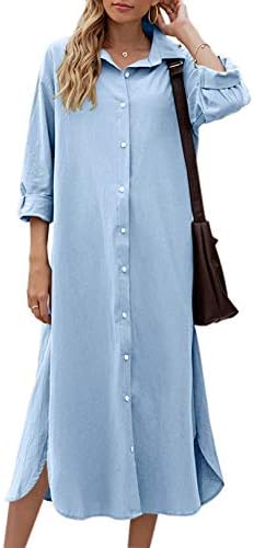 Sopliagon Women Cotton and Linen Shirt Dress Casual Loose Maxi Dresses Blue L
