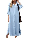 Sopliagon Women Cotton and Linen Shirt Dress Casual Loose Maxi Dresses Blue L