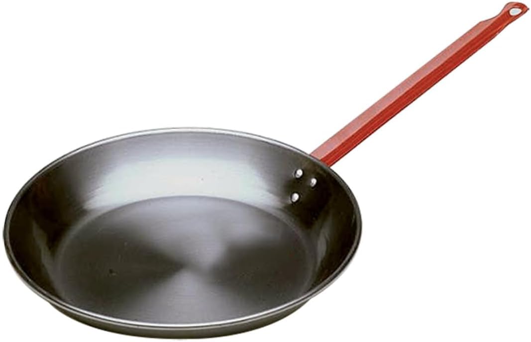 Padella in Ferro Spazzolato con Manico Rosso Ergonomico, Rotonda, per Spaghetti e Wok, Uso Professionale (36 cm)