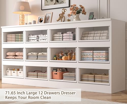 Image of JassmiPkwy 71.65 INCH 12 Drawers Dresser with Power Outlet, Wide High Gloss Chest of Drawers Large, Modern Storage Drawer Dresser for Bedroom, White
