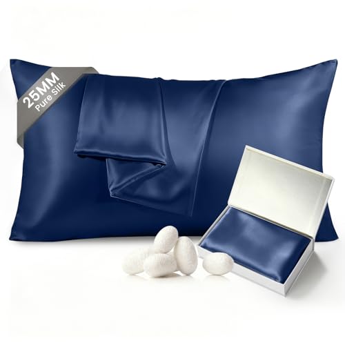 Image of THXSILK 100% Pure Mulberry Silk Pillowcase for Hair and Skin, 25 Momme, 6A+ Grade Silk Pillow Case Queen Size 20 inchx30 inch, Real Silk Pillowcase with Zipper, Anti Aging Acne Free (Navy Blue)