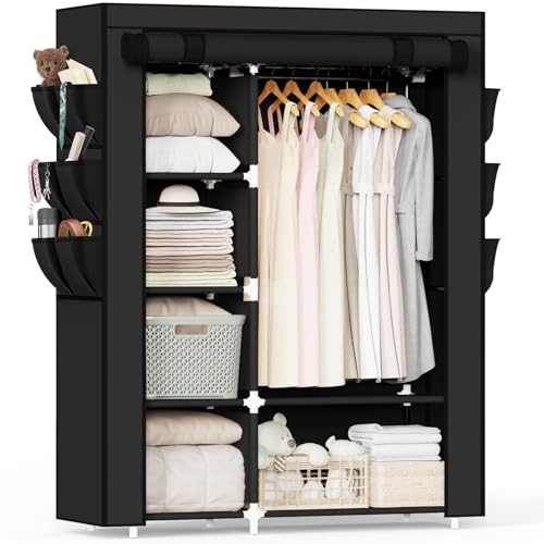 Mavivegue Fabric Wardrobe 45 x 107 x 161 cm Portable Wardrobe Foldable Closets with 6 Side Pockets Black Closet for Bedroom Living Room & Dorm