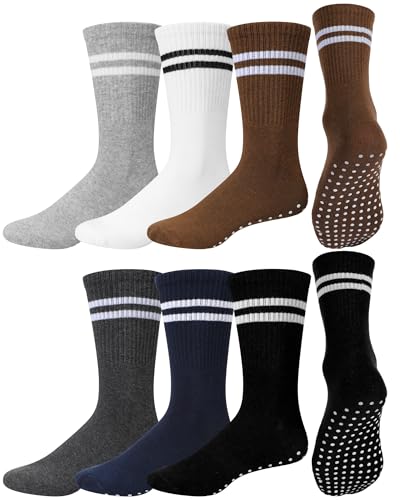 Sintege 6 Pairs Non Slip Grip Crew Socks for Men Athletic Striped Non Skid Gripper Socks for Elderly Hospital Home Yoga Pilates 7-12 - Main Image