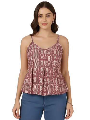 Image of Pinkmint Women Pure Cambric Cotton Printed Peplum Top | Sleeveless Spaghetti Strap Summer Casual Top for Women & Girls