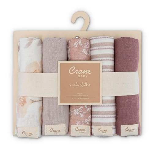 Image of Crane Baby Violet Wildflower Cotton Baby Washcloths, 100% Cotton Muslin Set of 5, Soft Baby Wash Cloths for Newborn Bath Essentials, Infant Face Cloths, Shower Gift For Babies, Newborn Bath Essentials