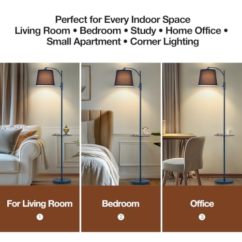Image of AIDENOEY Fully Dimmable Floor Lamp for Living Room,Standing Lamp Rotary Switch with Table&Linen Beige Shade,Blue Tall Lamps for Bedroom with Adjust Head,9W LED Bulb Included