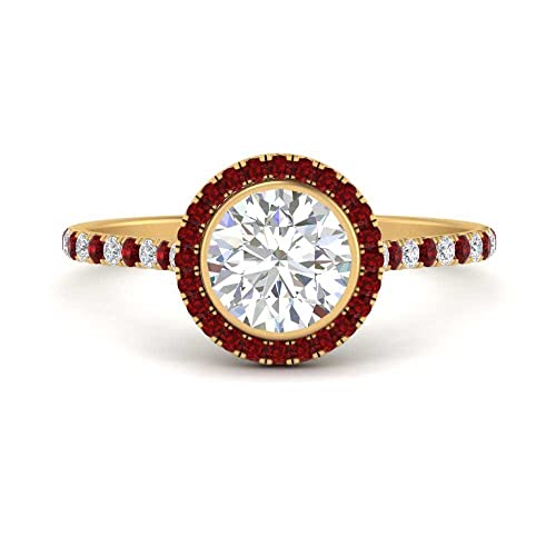 Image of 55Carat Choose Your Gemstone Bezel Round Halo Pave Diamond CZ Ring Yellow Gold Plated Round Shape Halo Engagement Rings Everyday Jewelry Wedding Jewelry Handmade Gifts for Wife US Size 4 to 12