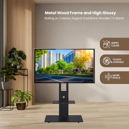 Image of Height Adjustable Floor TV Stand for 32-55 Inch LED Smart TVs, Sleek Black Wood & Metal Design, Universal TV Stand for Living Room and Bedroom, Square