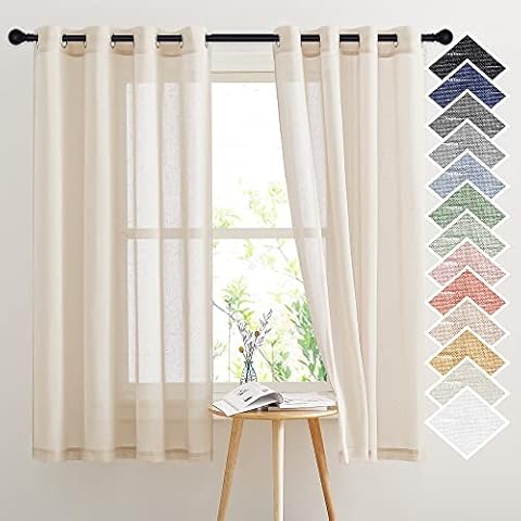 NICETOWN Natural Open Linen Flax Sheer Curtains, Beige, 52x63 Inches, 2 Panels Cover