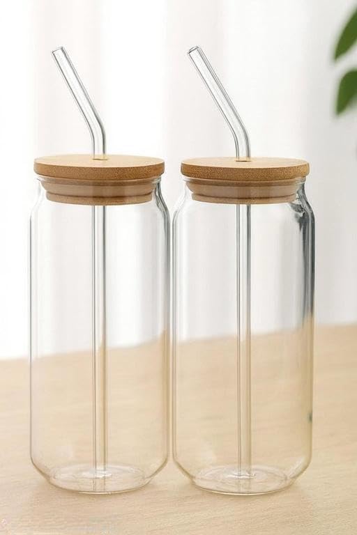 Image of Glass Tumbler Cups with Bamboo Lids and Glass Straws, Clear, Set of 2