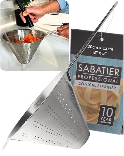 Sabatier Stainless Steel Professional Conical Strainer Durable Sieve with Handle & Hook Dishwasher Safe Perfect for Straining Pasta Rice Vegetables Fruit Sauce Stocks & Soup. Large 20cm Dia.