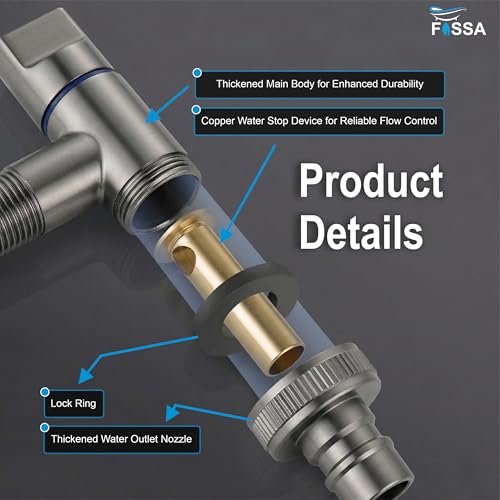 Image of Fossa 1-Year Warranty Stainless Steel Laundry Washing Machine Faucet | Outdoor Water Spigot with Handle | Multi-Use Hose Connector Tap, Angle Valve - Grey (Matte Finish)