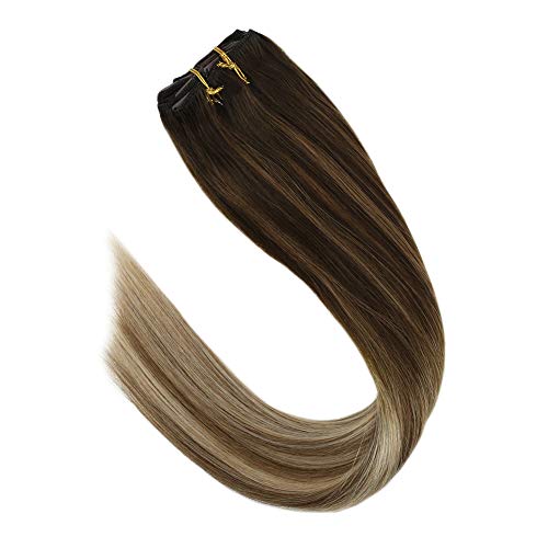 VeSunny 20 Inch Balayage Clip in Extensions Human Hair #4 Dark Brown Fading to #6 Mixed #22 Blonde Full Head Hair Extensions Clip in Human Hair 7pcs 120g/set