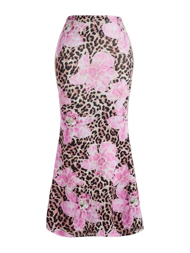 Verdusa Women's Leopard Floral Bodycon Maxi Skirts Y2K High Rise Fishtail Skirt2