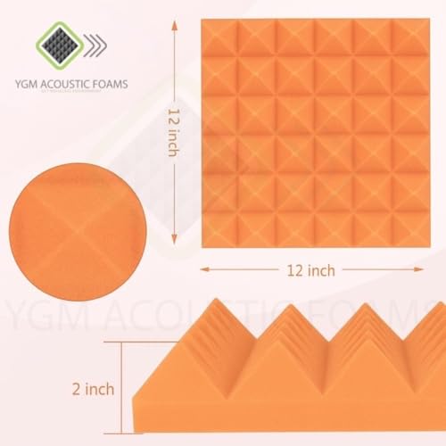 Image of YGM Acoustic Foams Pyramid Acoustic Panels 1 Footx1 Footx2inch Thick, 50 Density Acoustical Sound Proof Foam for Room, Studio, Echo Reduction & Noise Absorption (Black & Orange, Set of 18)