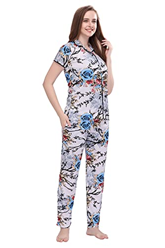 Image of Printed Night Suit for Women - Leopard Print Satin Shirt and Pyjama Set (Front Open Collar Night Suit)