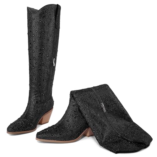 Image of Cowgirl Ankle Boots Cowboy Boots for Women Western Booties Rhinestone Chunky Heel Fashion Comfortable Side Zipper