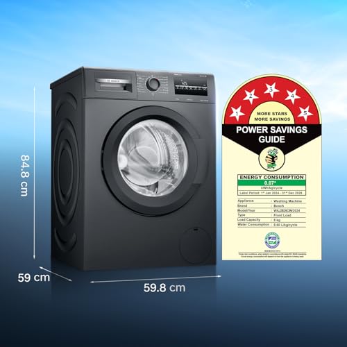 Image of Bosch 8 kg 5 Star Front Load Fully-Automatic Washing Machine, AI ActiveWater,15 Wash Programs, Removes 99.9% Germs with Steam, No Tangle or Wrinkle, Zero Vibration, Black /Grey, WAJ2826CIN