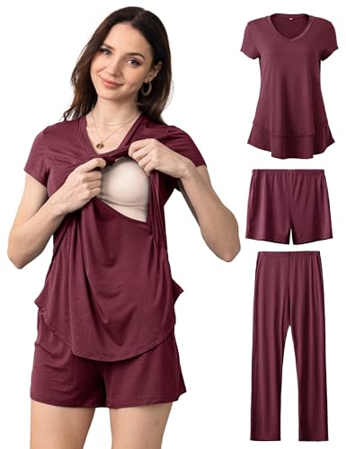 Image of SUNNYBUY 3 PCS Maternity Breastfeeding Pajamas Set, Hidden Nursing Tops, Adjustable Pregnancy Shorts & Pants Postpartum PJS