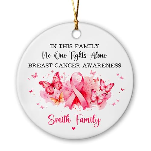 Ornamento Natalizio In Ceramica No One Fights Alone Breast Cancer Awareness Pink Ribbon Ornamenti Per Albero Di Natale Decorazione Rotonda Per Albero Di Natale Con Cordino 7.3Cm