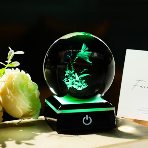 Image of Arikyrist 3D Hummingbird Crystal Ball Gifts for Women Men on Christmas Birthday, Laser Engraved Hummingbird Figurine with Light Base, Hummingbird Globe Glass Decorative Ball for Home Office (80mm)