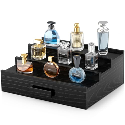 Image of Solid Walnut Cologne Organizer for Men, 3 Tier Cologne Stand Display Shelf | Wood Perfume Organizer, Cologne Holder with Drawer Storage and Hidden Compartment,Gift for Men Dad Husband Boyfriend, Black