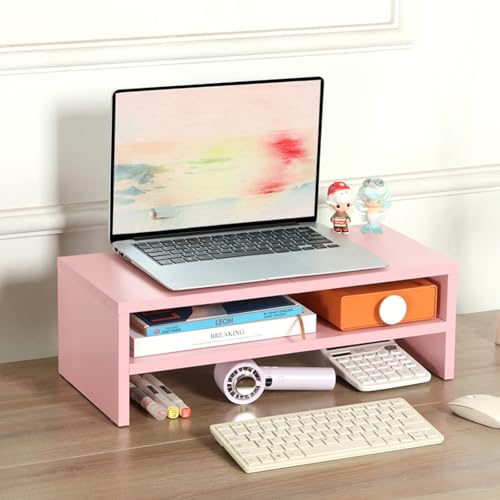 Image of TEAMIX 2 Tiers Pink Monitor Stand Riser, Desktop Stand with Keyboard Storage Small TV Stand Laptop Wooden Desk Organizer Cute Shelf