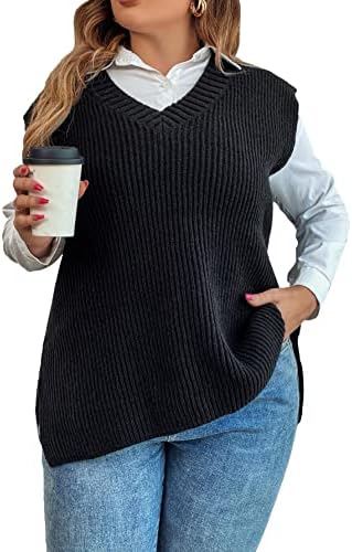 OYOANGLE Women's Plus Size Rib Knit Sweater Cap Sleeve V Neck Split Hem Vest Pullover Casual Top Black 3XL