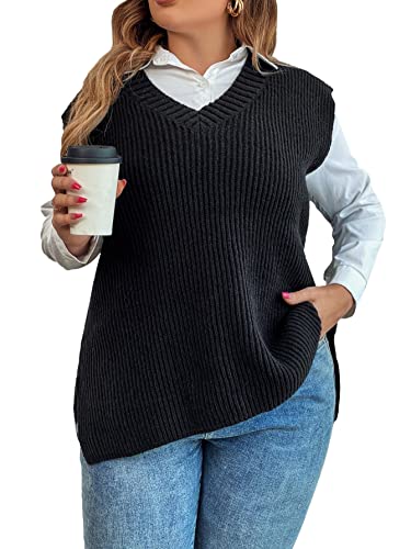 Oyoangle Women's Plus Size Rib Knit Sweater Cap Sleeve V Neck Split Hem Vest Pullover Casual Top Black 3Xl #TOP27