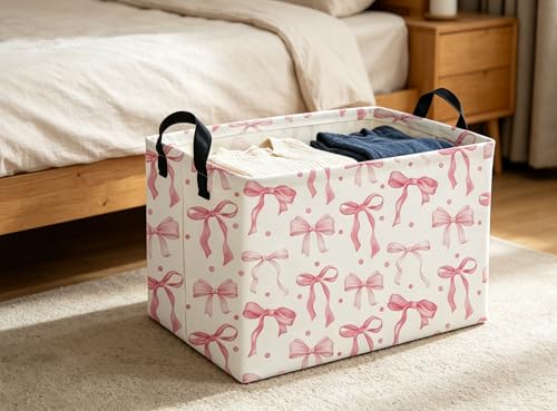 Image of Pink Baskets Girls Basket Rectangular Cute Storage Bin for Room Decor(Pink bownot)