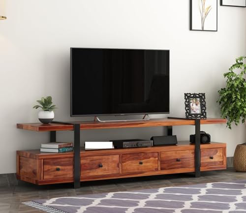 Image of Rustic Sheesham Wood & Metal TV Unit with 5 Drawers, 1 Shelf, and Storage for up to 70-Inch TV - Perfect for Living Room(Henry,Honey Finish)