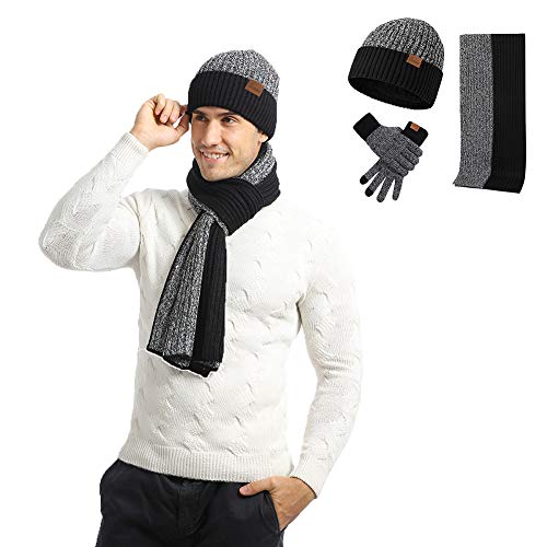 Men's Winter Beanie Hat Neck Warmer Scarf and Touchscreen Gloves Set 3 Pcs Fleece Lined Skull Knit Cap for Women (Black&Grey)