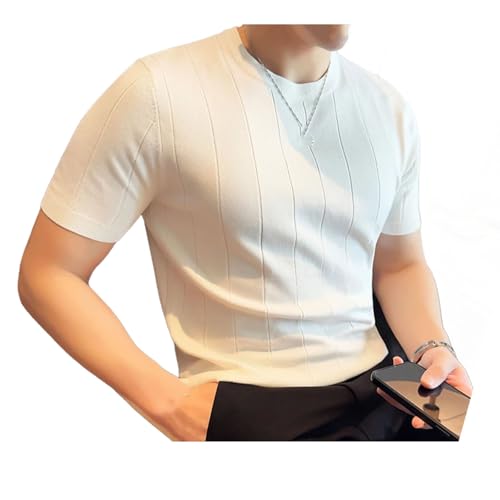 Men's Short-Sleeved O-Neck Sweater Stretchable Striped Top Men's Short Sleeve Crew Neck Sweater
