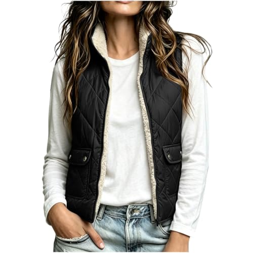 Womens Sherpa Lined Vest Lapel Collar Full Zip Diamond Quilted Jacket - image 3