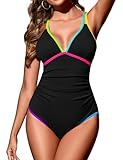 Zilcremo Women One Piece Swimsuit Tummy Control Slimming Bathing Suits Double Straps Color Block Swim Suit Swimwear Blackmulticolor S