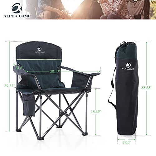 Alpha Camp Oversized Camping Folding Chair Heavy Duty Lawn Chair With Cooler Bag Support 450 Lbs Steel Frame Collapsible Padded Arm Chair Quad Lumbar Back Chair Portable For Outdoor,Green #TOP7