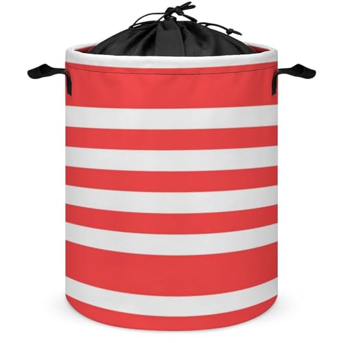 Grand panier à linge, rouge corail à rayures blanches, pliable, avec cordon de serrage, idéal pour laver le linge sale dans une résidence étudiante.