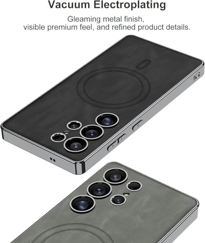 Image of TechTrendz Back Cover for Samsung Galaxy S25 Ultra 5G Leather Cover with Built-in (Compatible with MagSafe) Frosted Phone Case, Electroplated Soft Edges TPU Chrome Magnetic Cover for S25 Ultra -Grey