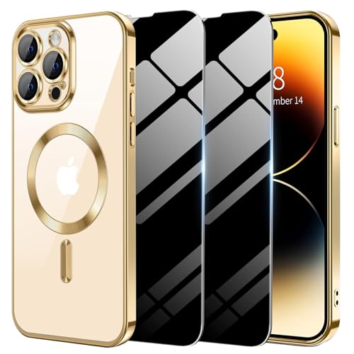 Haiseire Magnetic Case for iPhone 14 Pro Max with 2 Privacy Screen Protector [Compatible with MagSafe] Non-Yellowing Shockproof Protective Phone Case for iPhone 14 ProMax Gold
