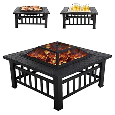 Fire Pit 32in Square Metal Firepit Patio BBQ Fireplace with Charcoal Rack Mesh Cover Poker for Camping Bonfire Picnic Outdoor Heating