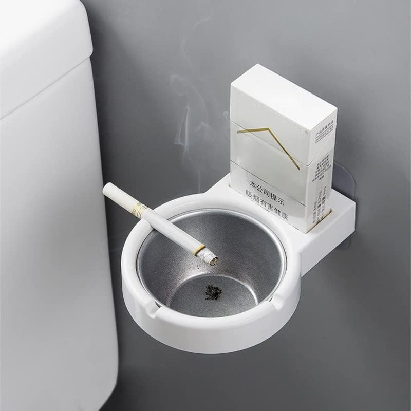 Self Adhesive Wall Mounted Ashtray - Waterproof Stainless Steel Smoking Ashtray - For Bathroom, Home Office, Living Room & Outdoor (White)