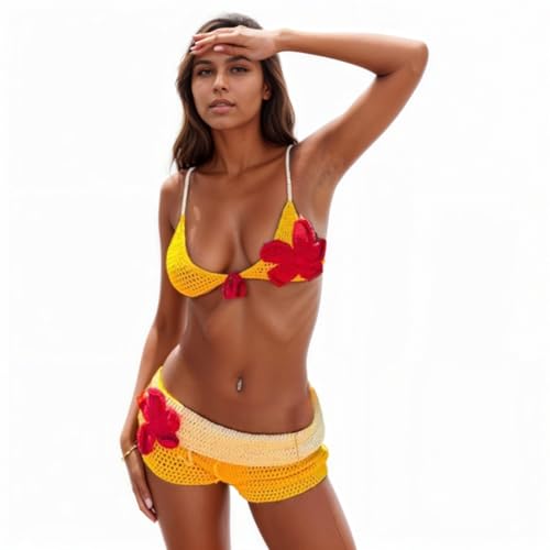 VCM Bikini Sets for Women 2 Pieces Crochet 3D Floral Halter Tie Back Swimwear Bathing Suit Beach Vacation Outfits2