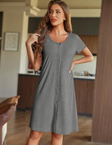 Image of Ekouaer Women Nightshirts Button Down Nightgown Sleep Shirt Short Sleeve Night Shirts Pajama Dress